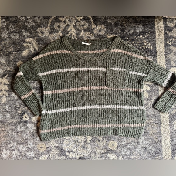 Free People Sweaters - Free People Loose Knit Olive Green Striped Women's Sweater